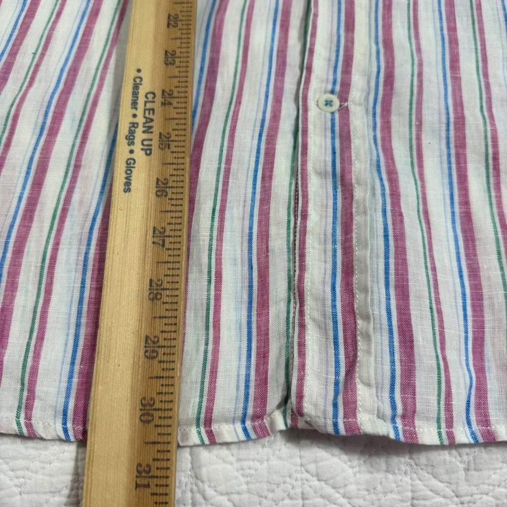 Façonnable Club Button Up Shirt Mens L Stripe 100% Linen‎ Elbow Patch Preppy EUC